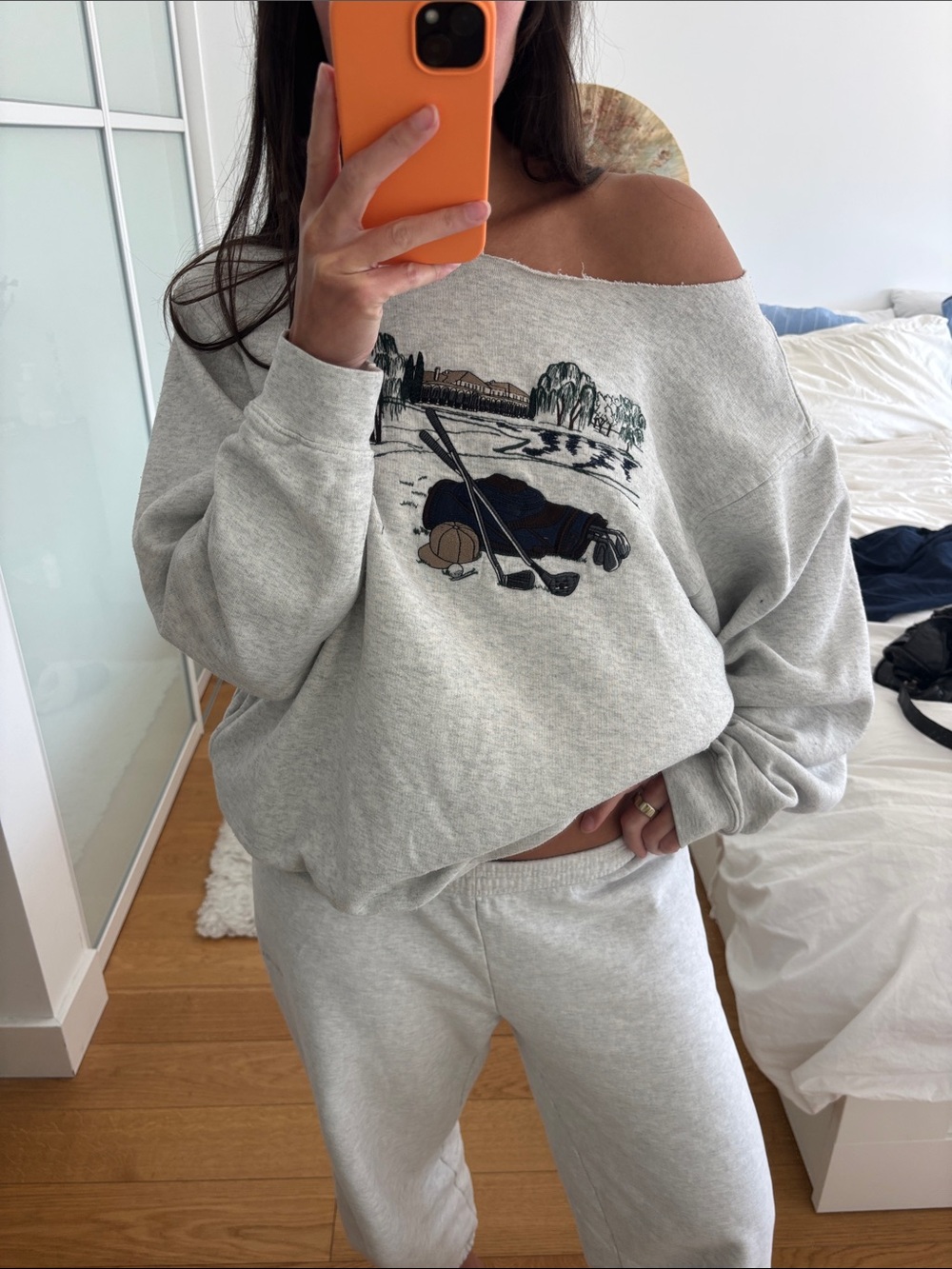 Light Grey Cut-Off the Shoulder  Golf Embroidered Sweatshirt